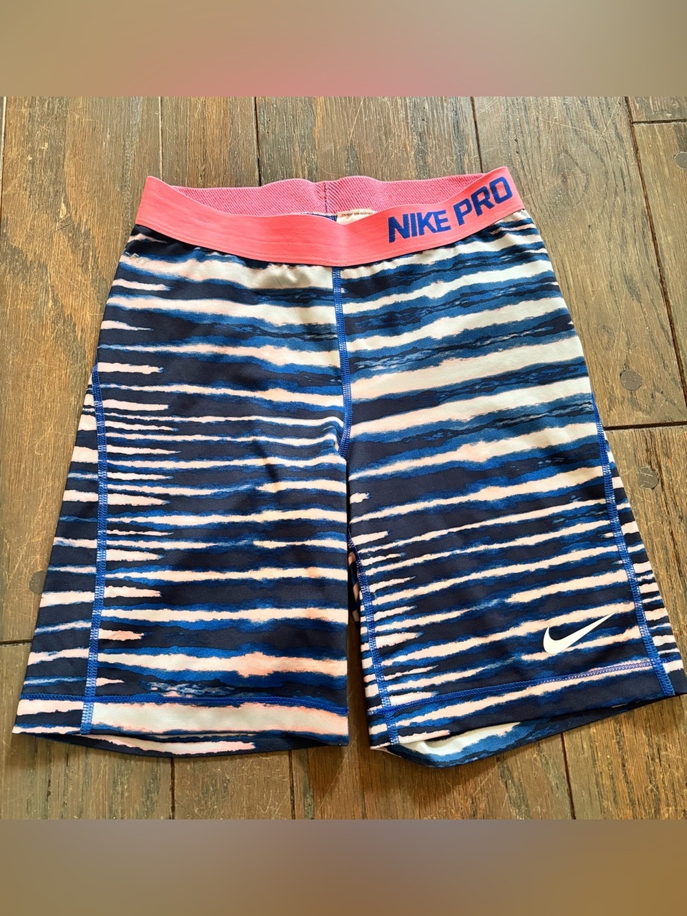 Nike Pro Women's Blue & Pink Striped Compression Shorts Run Yoga Workout